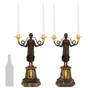 Pair of 19th Century French Neoclassical Patinated Bronze, Ormolu & Noir de Sablé Marble Candelabras